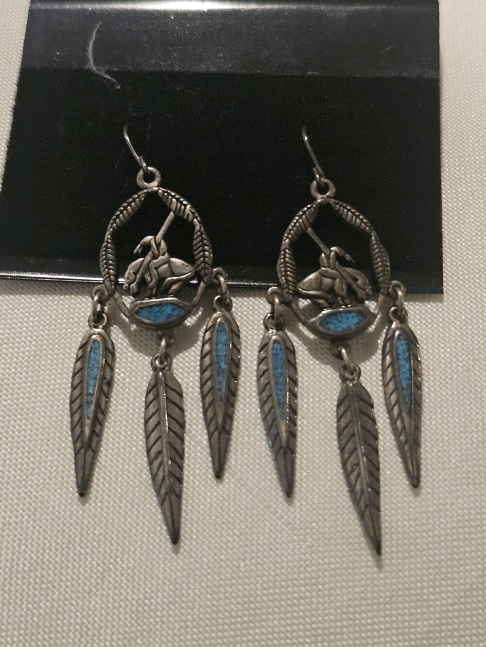 Vtg. Sterling-Style Turquoise Feather Dangle Earrings - Blue